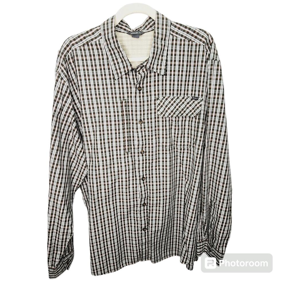 Eddie Bauer Travex Men's XL Brown Plaid Hiking Travel Button Front Shirt